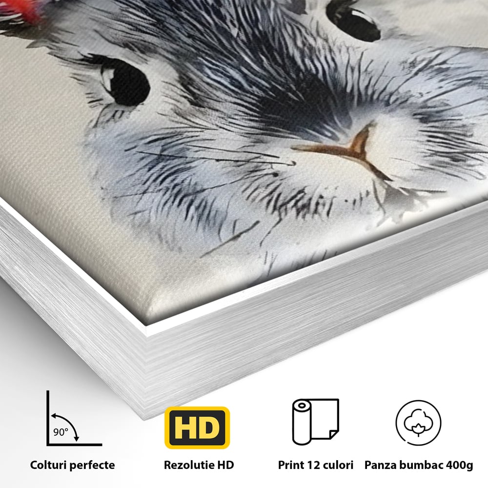 Detaliu al suprafetei: tablou canvas cu iepure gri, in rama de aluminiu argintiu